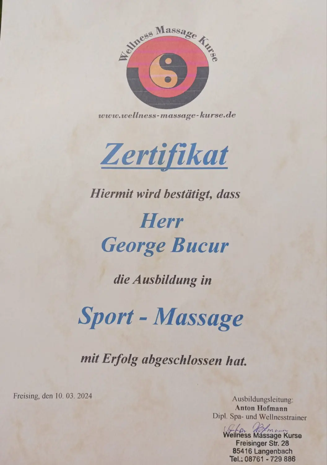 Zertifikat von George Bucur